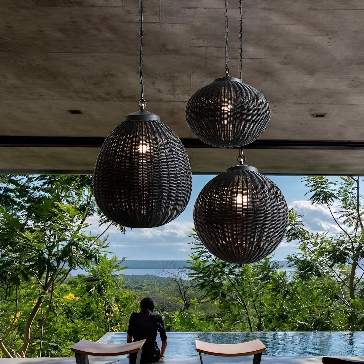 Pendant Light Synthetic Rattan 40.0 cm Black Outdoor Patio Pergola Hanging Lantern Waterproof Garden Ceiling Light | Thomler