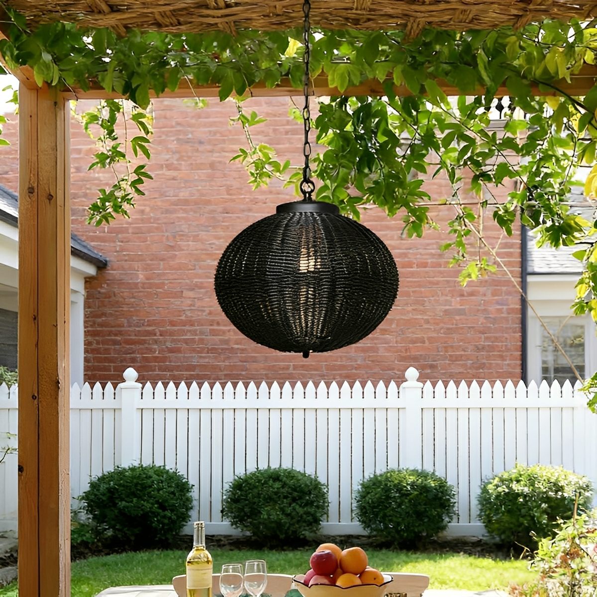 Pendant Light Synthetic Rattan 40.0 cm Black Outdoor Patio Pergola Hanging Lantern Waterproof Garden Ceiling Light | Thomler