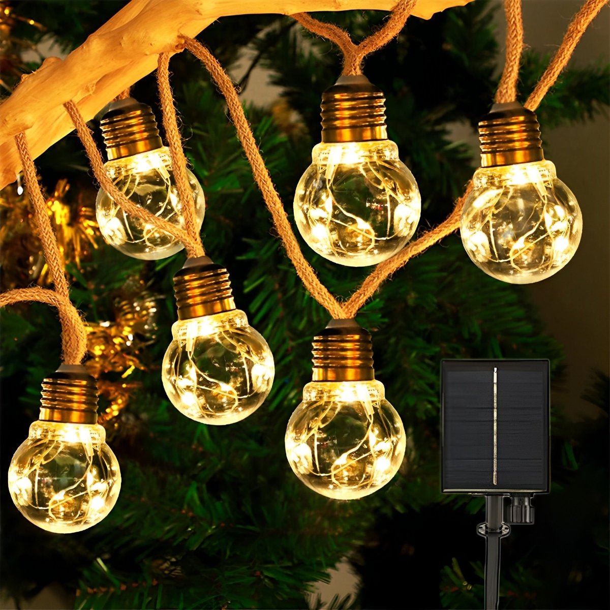 String Lights Jute Cable 10.0 m 20 LED Warm White Solar Garden Patio Pergola Edison Outdoor Lighting | Thomler
