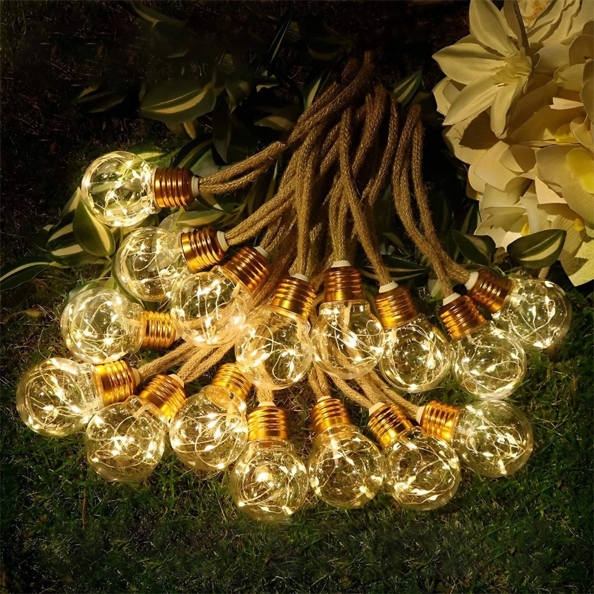 String Lights Jute Cable 10.0 m 20 LED Warm White Solar Garden Patio Pergola Edison Outdoor Lighting | Thomler
