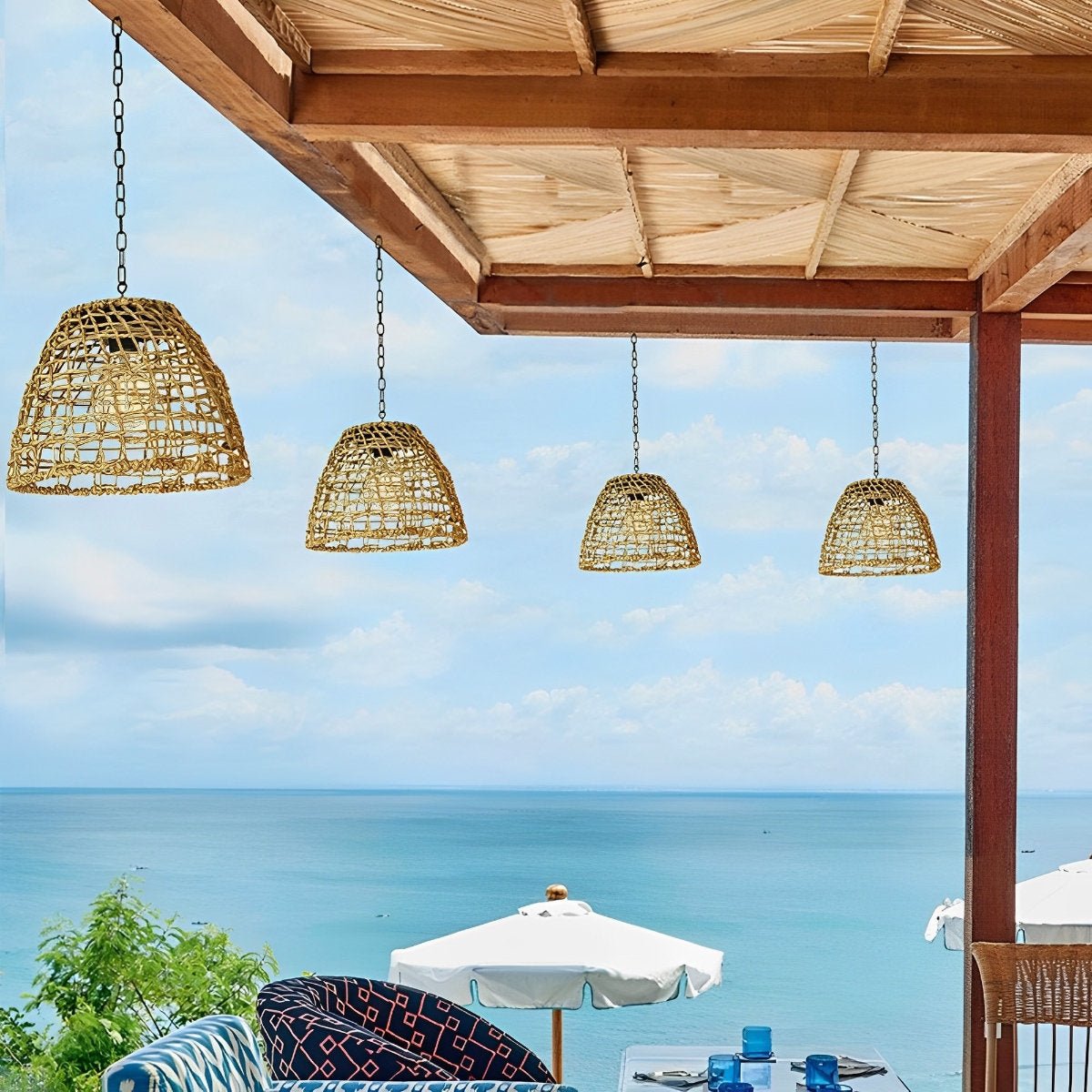 Outdoor Lantern Iron Rattan 8.7 in x 7.1 in Black Solar Garden Patio Pendant Light Waterproof Chandelier Eco-Friendly Ambient Lighting | Thomler
