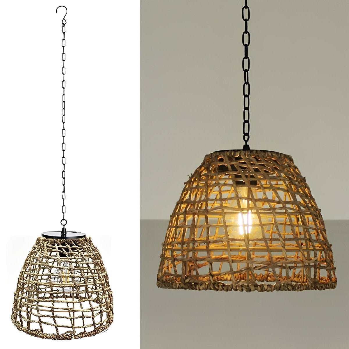 Outdoor Lantern Iron Rattan 8.7 in x 7.1 in Black Solar Garden Patio Pendant Light Waterproof Chandelier Eco-Friendly Ambient Lighting | Thomler