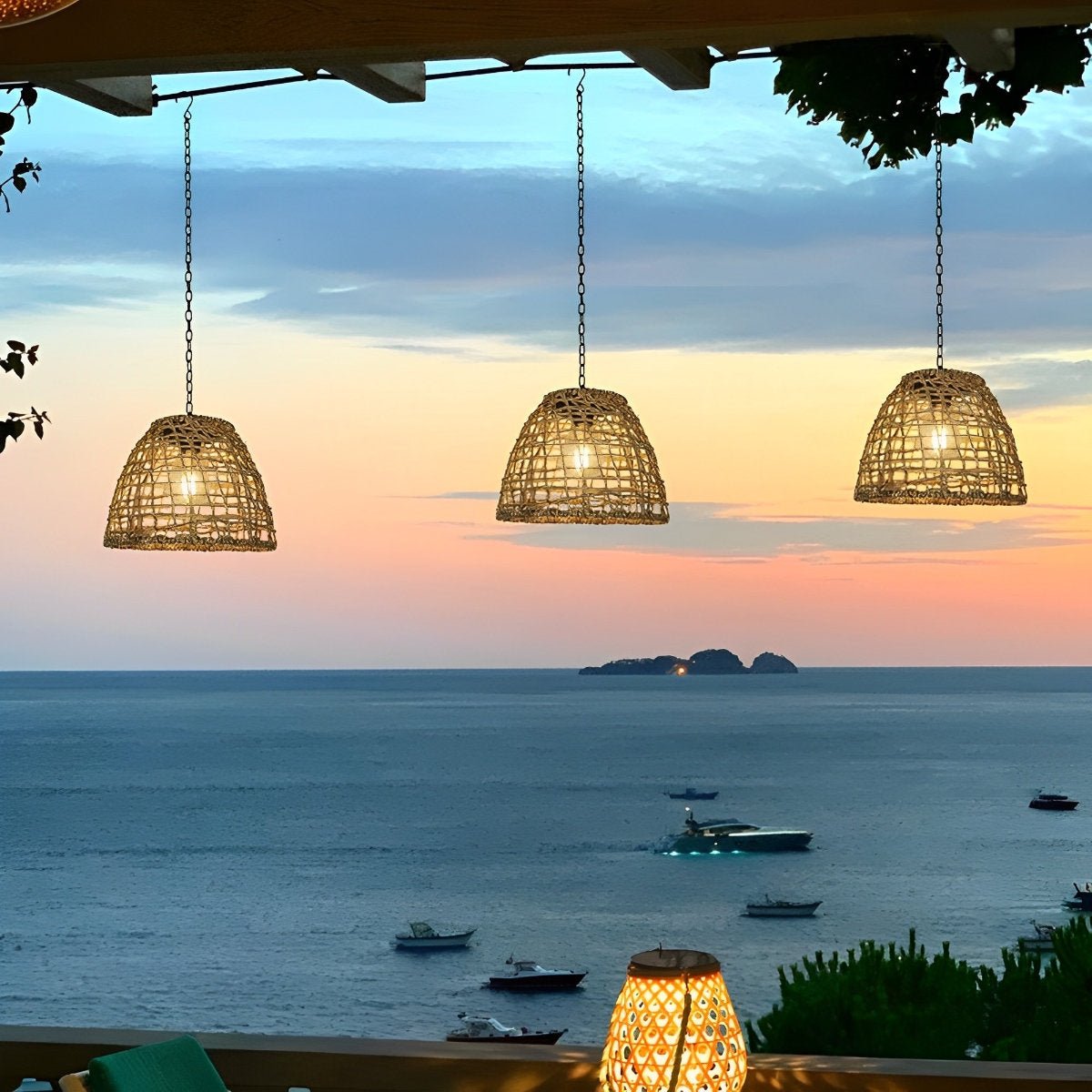 Outdoor Lantern Iron Rattan 8.7 in x 7.1 in Black Solar Garden Patio Pendant Light Waterproof Chandelier Eco-Friendly Ambient Lighting | Thomler