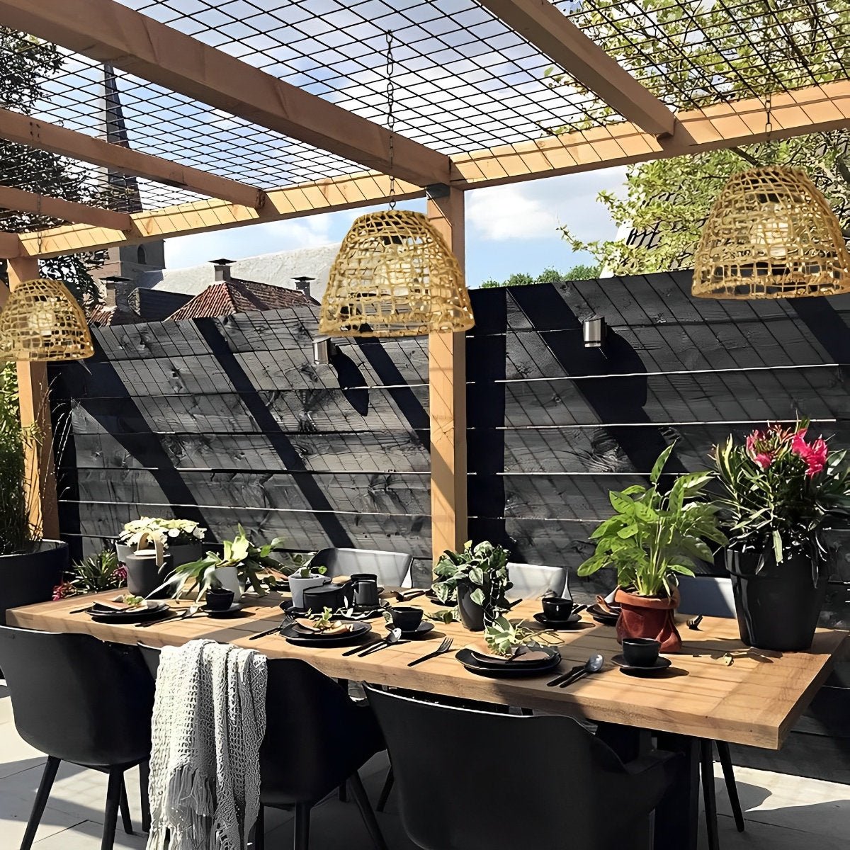Outdoor Lantern Iron Rattan 8.7 in x 7.1 in Black Solar Garden Patio Pendant Light Waterproof Chandelier Eco-Friendly Ambient Lighting | Thomler