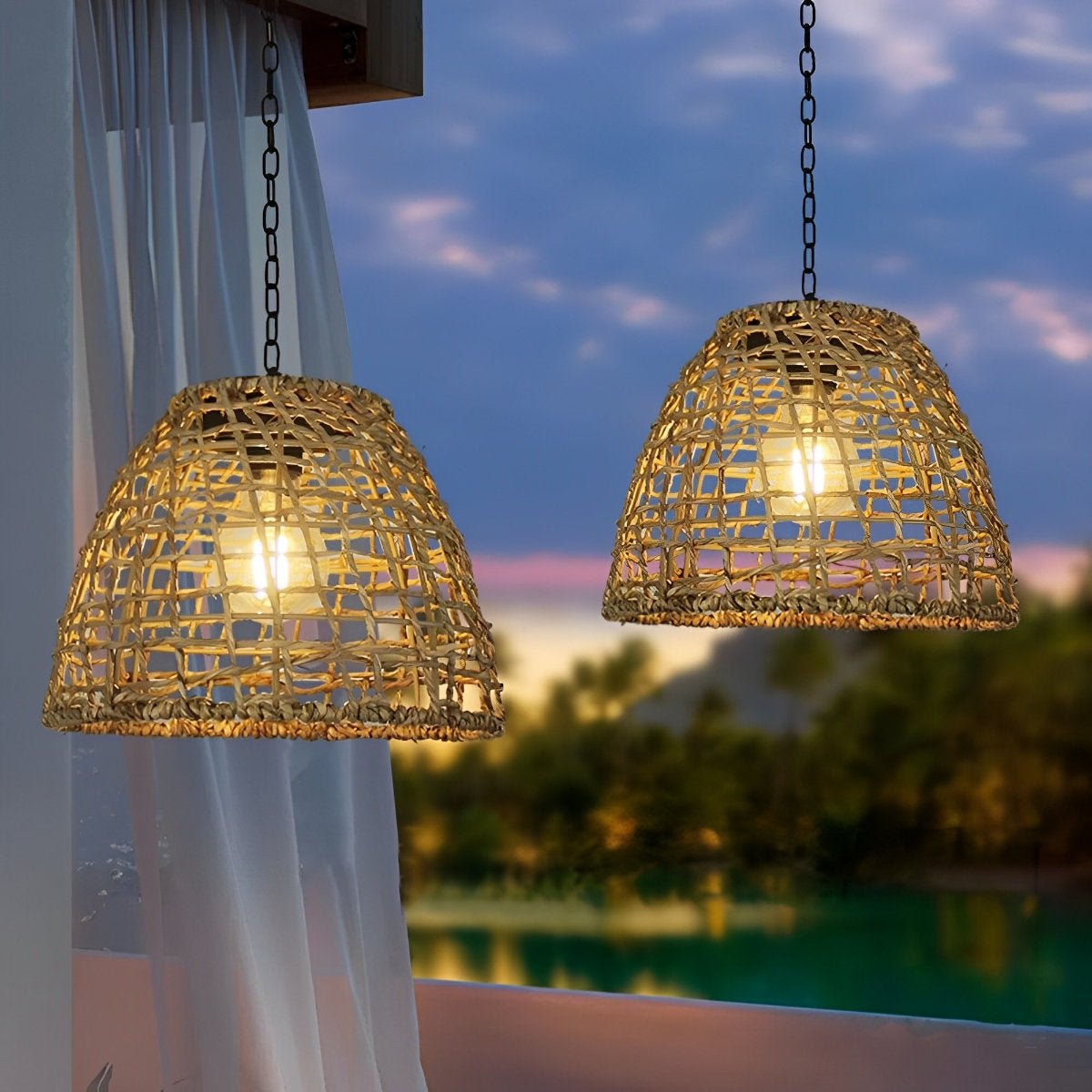 Outdoor Lantern Iron Rattan 8.7 in x 7.1 in Black Solar Garden Patio Pendant Light Waterproof Chandelier Eco-Friendly Ambient Lighting | Thomler