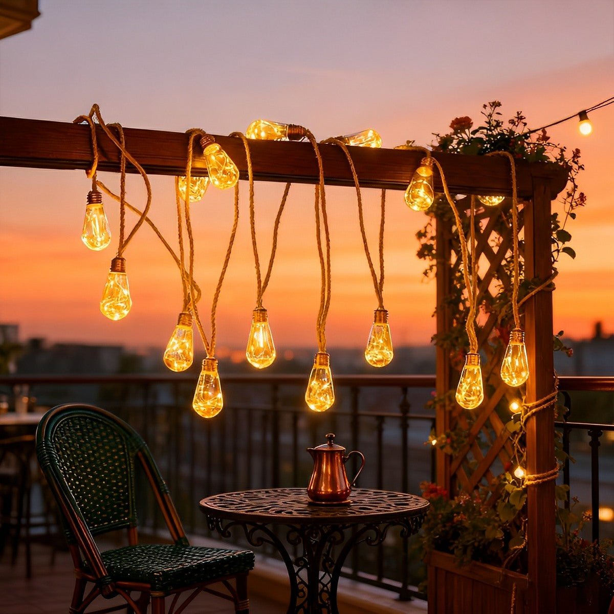 String Lights Jute Cable 10.0 m 20 LED Warm White Solar Garden Patio Pergola Edison Outdoor Lighting | Thomler