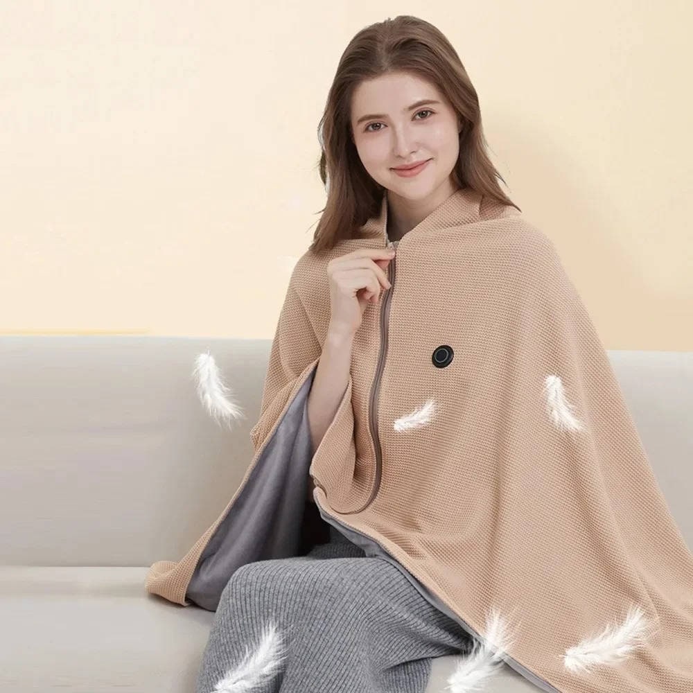 USB Heated Wearable Blanket Wrap with Hood, Zipper & 8 Heat Zones – Portable Electric Throw for Home, Office & Travel | Thomler