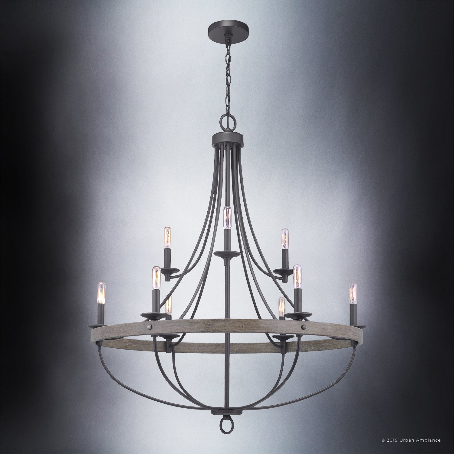 Chandelier Steel 89.5 cm Charcoal Dining Room Farmhouse Industrial Round Pendant Light 9 Light Ceiling Fixture | Thomler