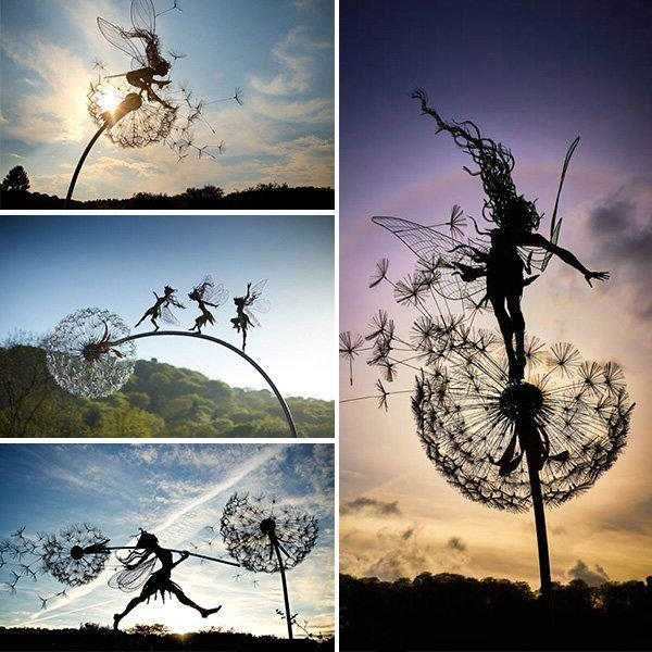 Metal Fairy Garden Stakes with Dandelion Flowers for Outdoor Yard Decoration | Whimsical Lawn Ornaments for Spring Summer Gardens & Flower | Thomler