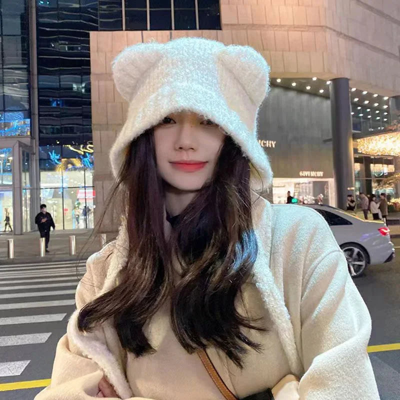 Hooded Knit Cap with Plush Animal Ears – Cozy Tie-Front Winter Hood for Women | Thomler