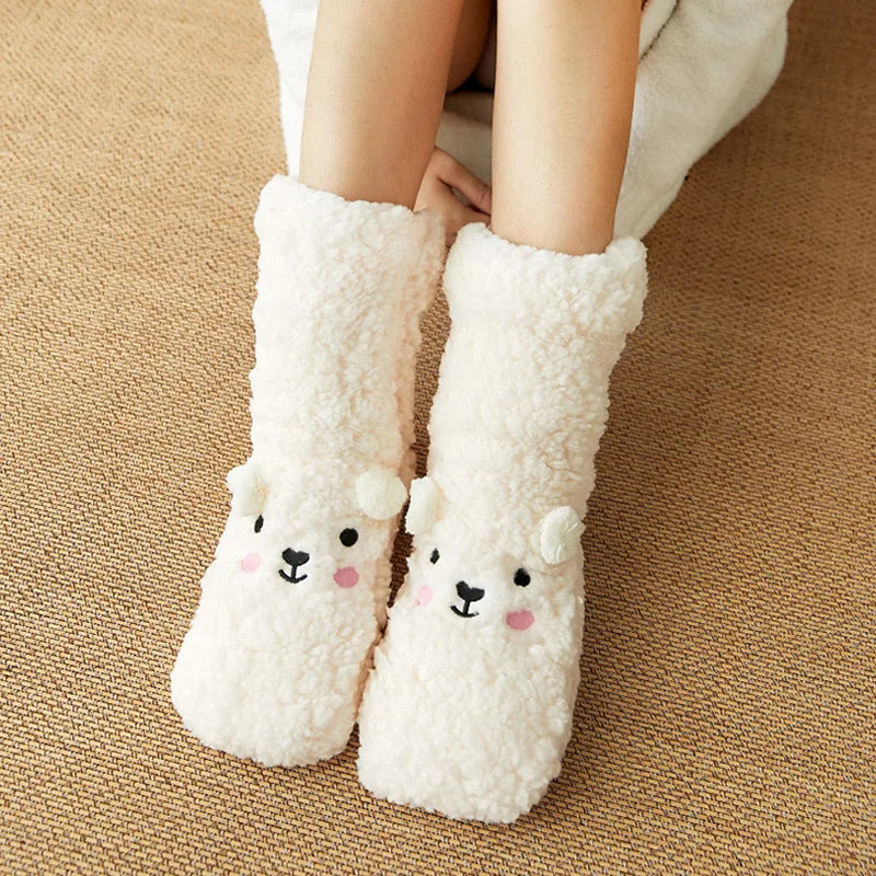Plush Animal-Face Thermal Fleece Socks – Cozy Grippy Winter House Slippers for Women & Girls | Thomler