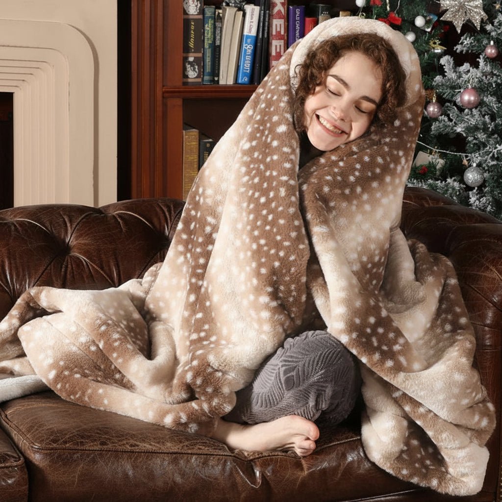 Reversible Faux Fur Throw Blanket with Woodland Deer Print – Double-Sided Plush for Couch, Bed & Living Room | Thomler