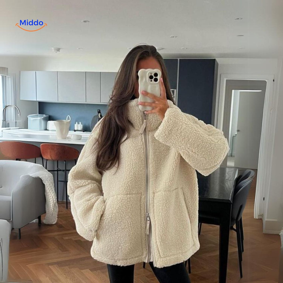 Faux Shearling Jacket with Stand Collar for Women – Plush Sherpa Winter Coat | Thomler