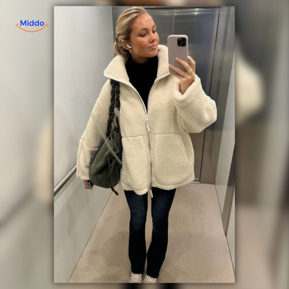 Faux Shearling Jacket with Stand Collar for Women – Plush Sherpa Winter Coat | Thomler