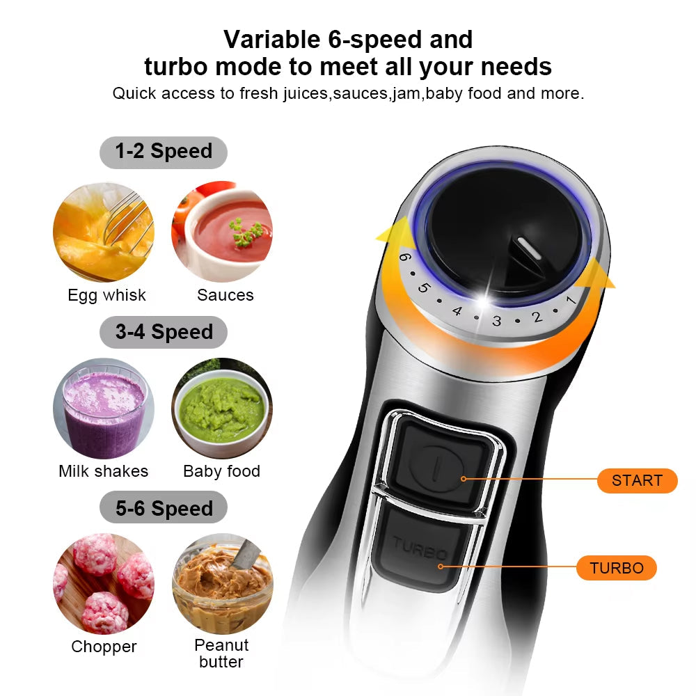 4-in-1 Immersion Blender with 1200W Motor & 6-Speed Control – Hand Blender Set with Chopper, Whisk & Cup for Soups, Smoothies, Sauces | Thomler