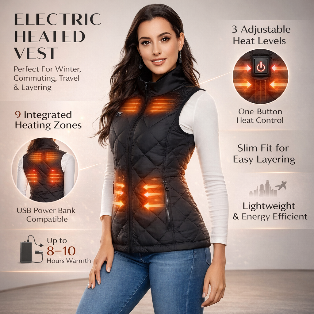 Battery-Powered Quilted Heating Vest for Women with Stand Collar – Lightweight Electric Body Warmer | Thomler