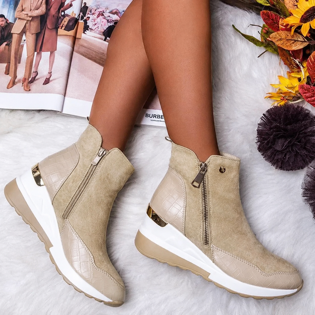 Women's Ankle Boots Waterproof Wedge Heel Side Zipper Non-Slip for Fall Winter Rain Snow Casual | Thomler