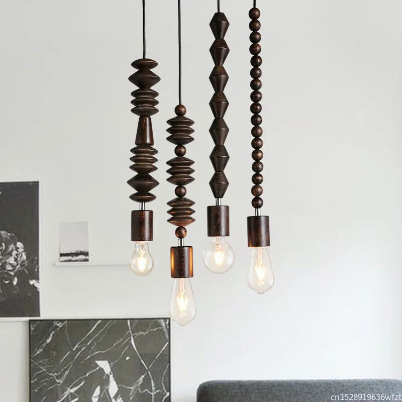 Pendant Light Wood Beaded 48 in Hanging Living Room Dining Room Modern Japandi Ceiling Fixture Decorative Suspension Lamp | Thomler