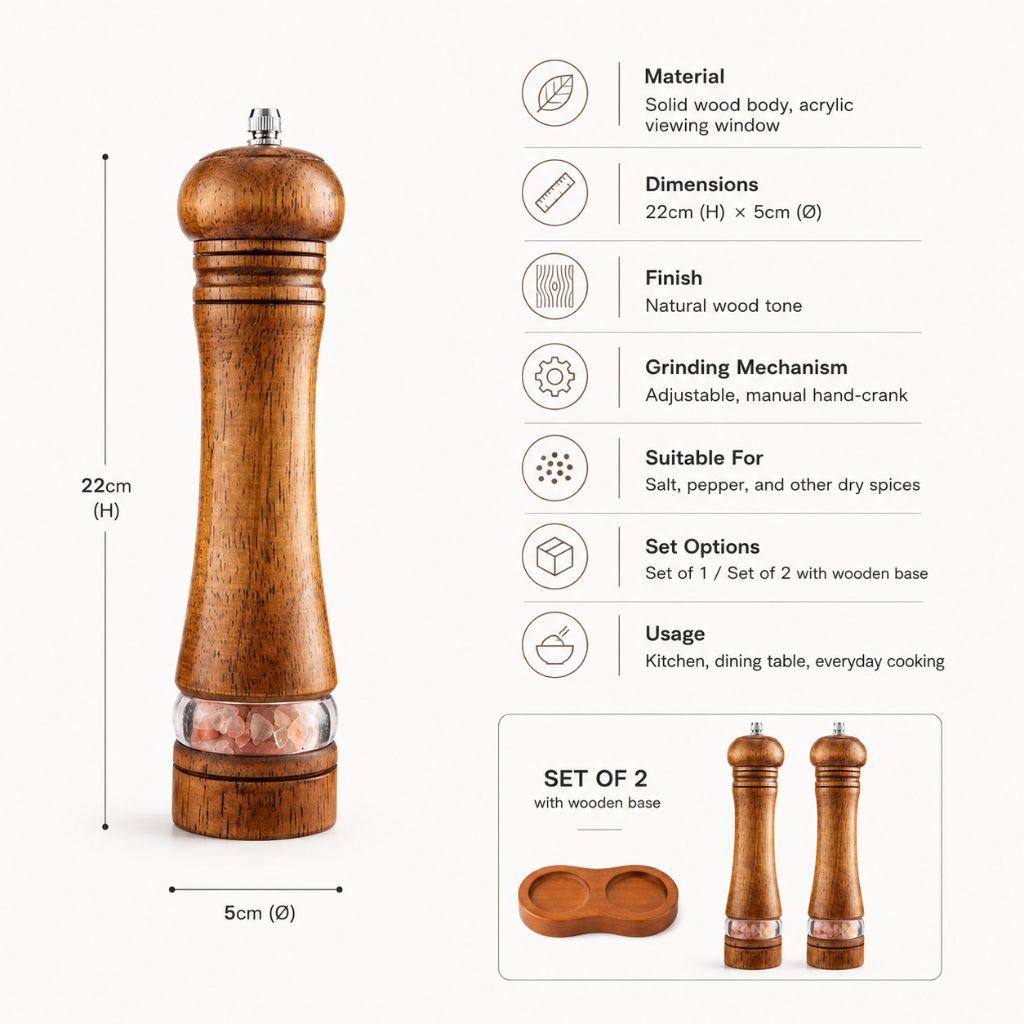 Manual Salt and Pepper Mill Set Adjustable Coarseness Clear Window Natural Wood Finish Handcrank Spice Grinder for Kitchen Dining Table | Thomler