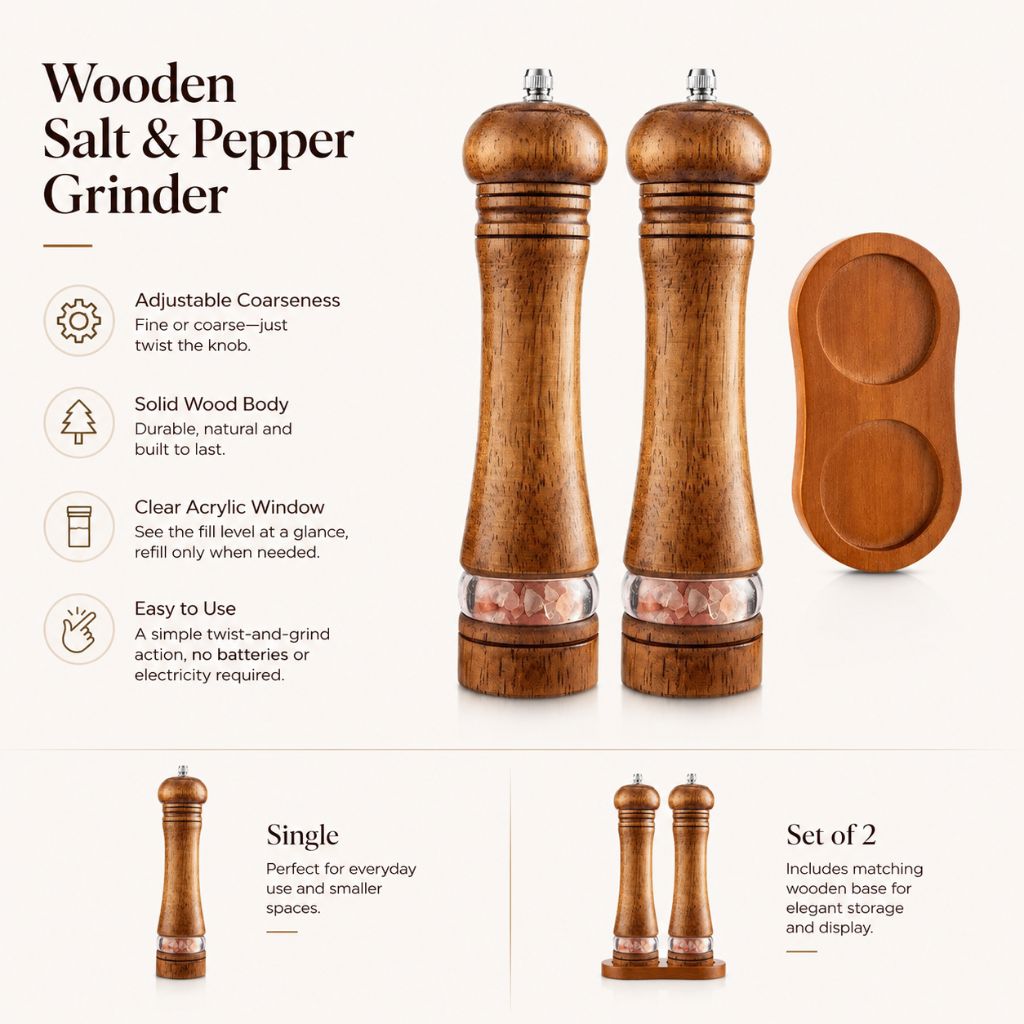 Manual Salt and Pepper Mill Set Adjustable Coarseness Clear Window Natural Wood Finish Handcrank Spice Grinder for Kitchen Dining Table | Thomler
