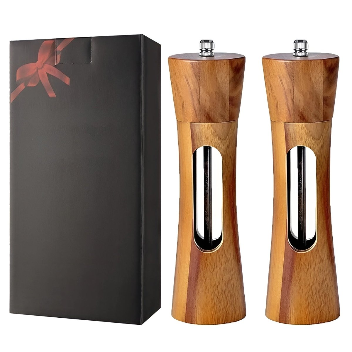 Adjustable Wood Salt & Pepper Grinder Set with Acrylic Window for Fresh Kitchen Seasoning | Thomler