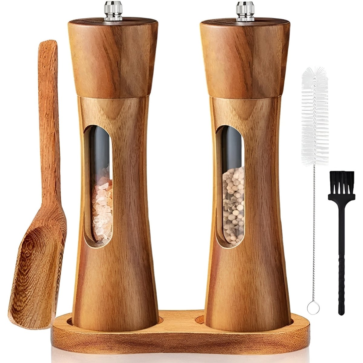 Adjustable Wood Salt & Pepper Grinder Set with Acrylic Window for Fresh Kitchen Seasoning | Thomler