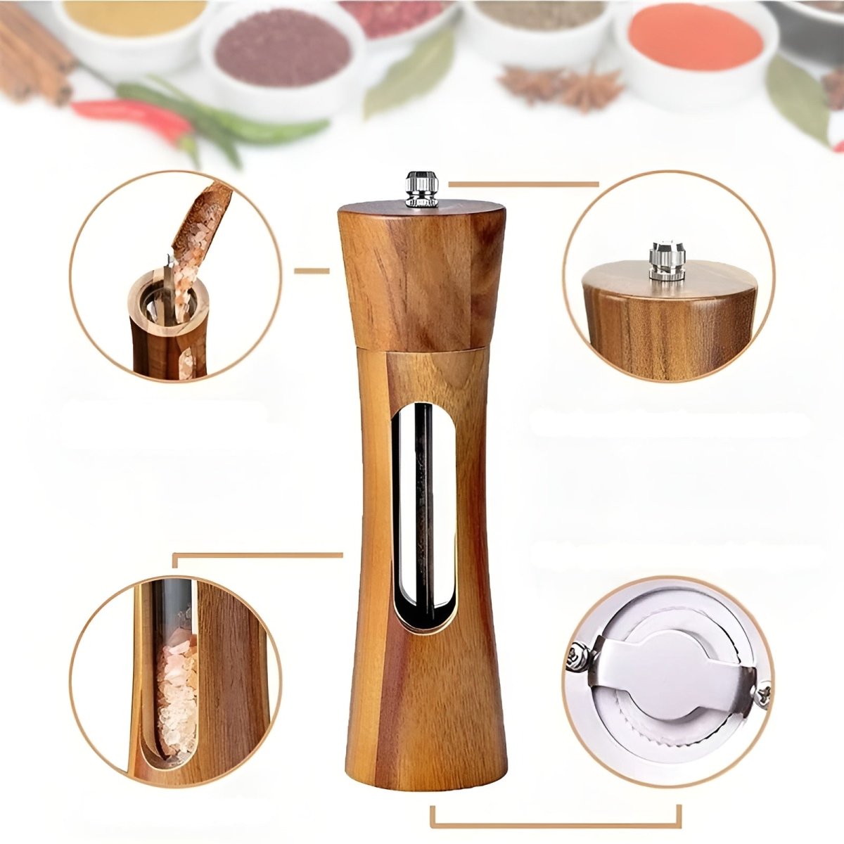 Adjustable Wood Salt & Pepper Grinder Set with Acrylic Window for Fresh Kitchen Seasoning | Thomler