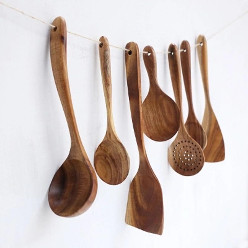 7-Piece Wooden Cooking Utensil Set – Heat-Safe Nonstick Kitchen Tools for Everyday Meals | Thomler