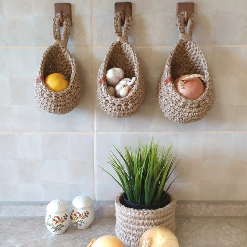 Hanging Storage Basket Hand-Woven Hemp Rope 14 in Large Wall-Mounted Kitchen Fruit Vegetable Organizer Boho Rustic Décor | Thomler