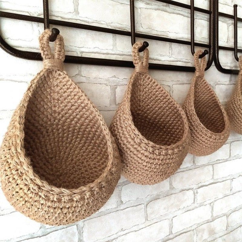 Hanging Storage Basket Hand-Woven Hemp Rope 14 in Large Wall-Mounted Kitchen Fruit Vegetable Organizer Boho Rustic Décor | Thomler