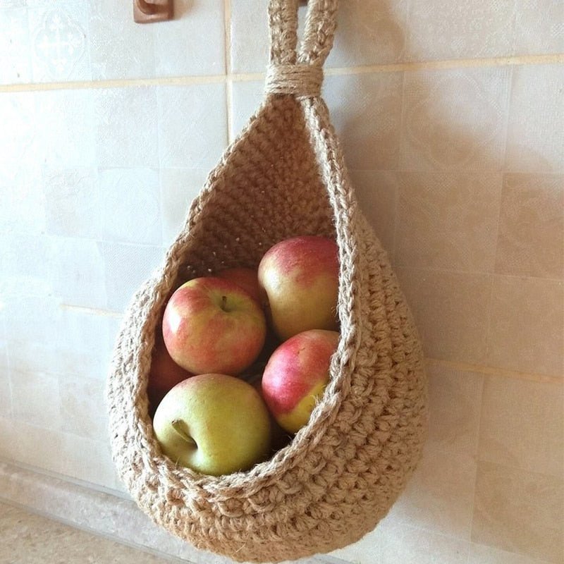 Hanging Storage Basket Hand-Woven Hemp Rope 14 in Large Wall-Mounted Kitchen Fruit Vegetable Organizer Boho Rustic Décor | Thomler