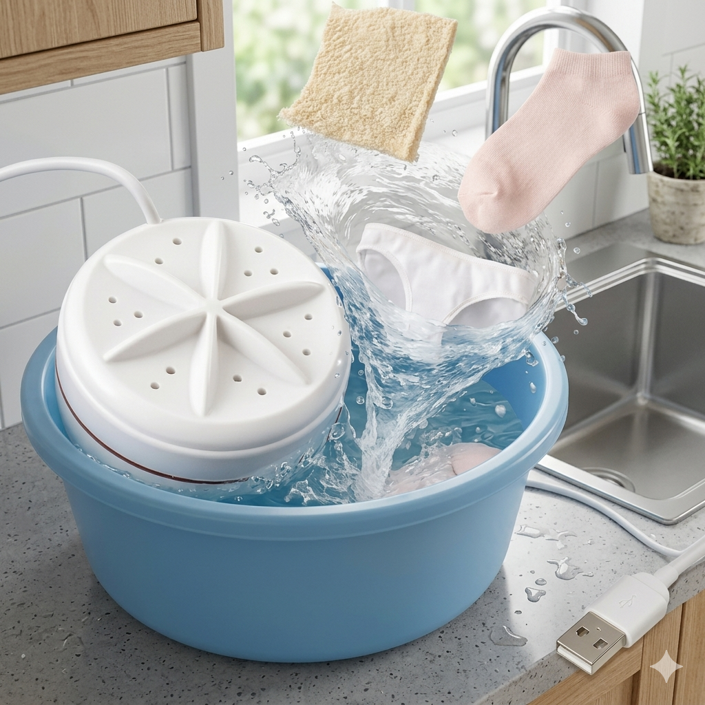 Portable Mini Washing Turbine for Travel, Camping & Small Spaces – Ultrasonic Clothes Cleaner with 4 Wash Modes for Laundry, Produce | Thomler