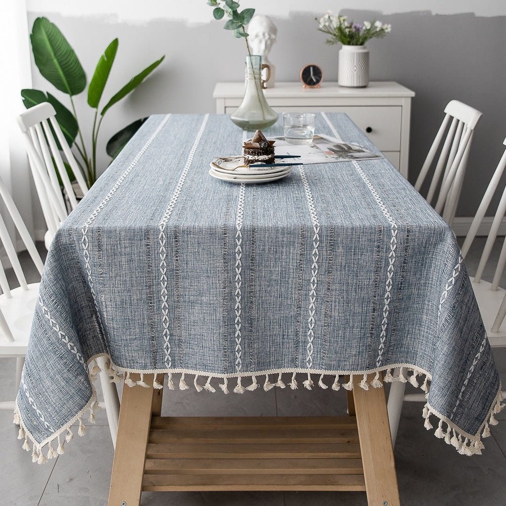 Striped Table Cover with Tassel Trim – Dust-Resistant Dining Cloth for Daily Use | Thomler