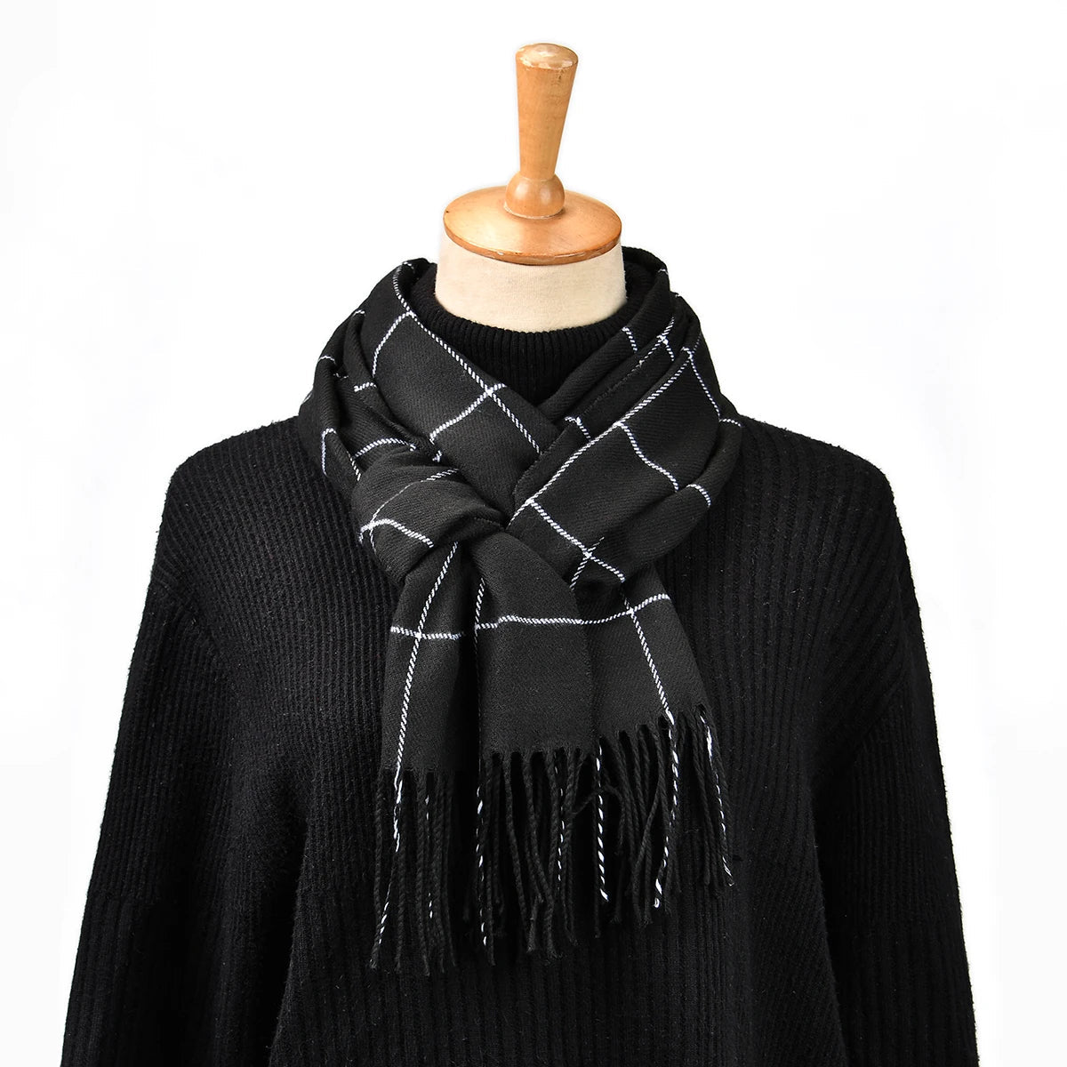 Men's Checkered Cotton-Cashmere Blend Cold-Weather Muffler – Soft, Cozy Neckwear with Tassel Fringe for Winter, Fall & Spring | Thomler