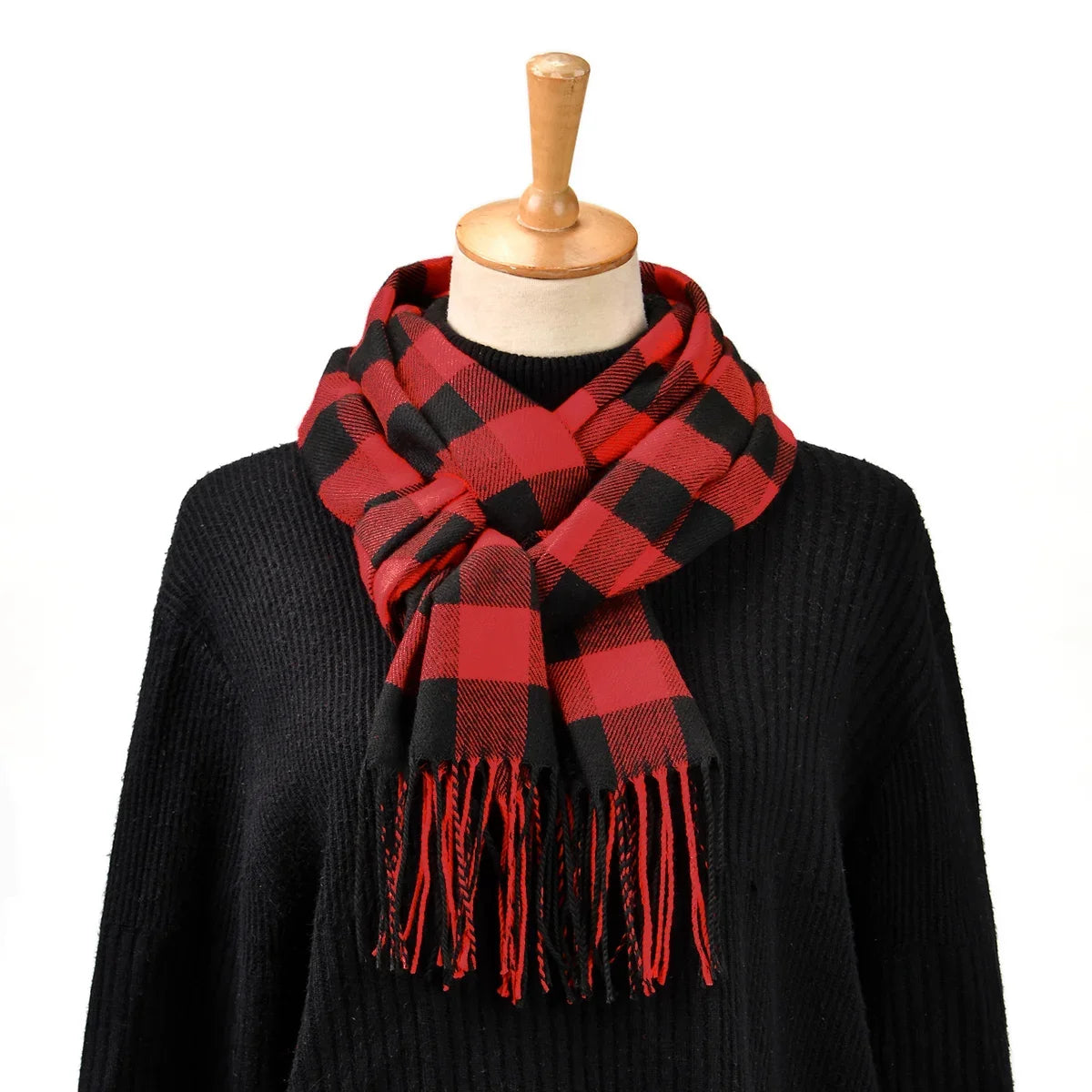 Men's Checkered Cotton-Cashmere Blend Cold-Weather Muffler – Soft, Cozy Neckwear with Tassel Fringe for Winter, Fall & Spring | Thomler