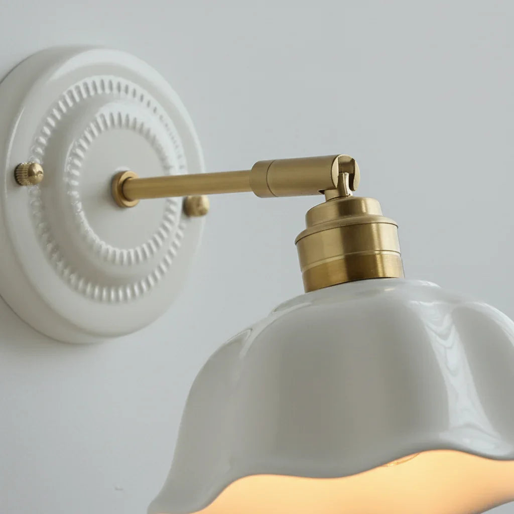 Wall Lamp Ceramic Shade 18.0 cm White Bedroom Reading Light Adjustable Copper Arm Vintage Hallway Accent Lighting | Thomler